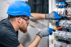 Eletricista com capacete e luvas fazendo manutenção elétrica em quadro de distribuição industrial